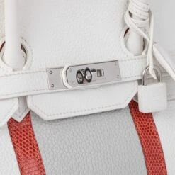 Xupes Hermes Blanc, Gris Perle Clemence Leather & Sanguine Niloticus Lizard Leather Club Birkin 35cm Retourne Tote -Best Jewelry Store 006 Blanc Gris Perle Clemence Leather Sanguine Niloticus Lizard Leather Club Birkin 35cm Retourne
