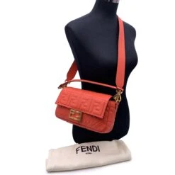 Opherty Ciocci FENDI Orange Red Embossed Ff Logo Leather Baguette Shoulder Bag -Best Jewelry Store 0bd96931 aef7 53fa b727 edb39266716a