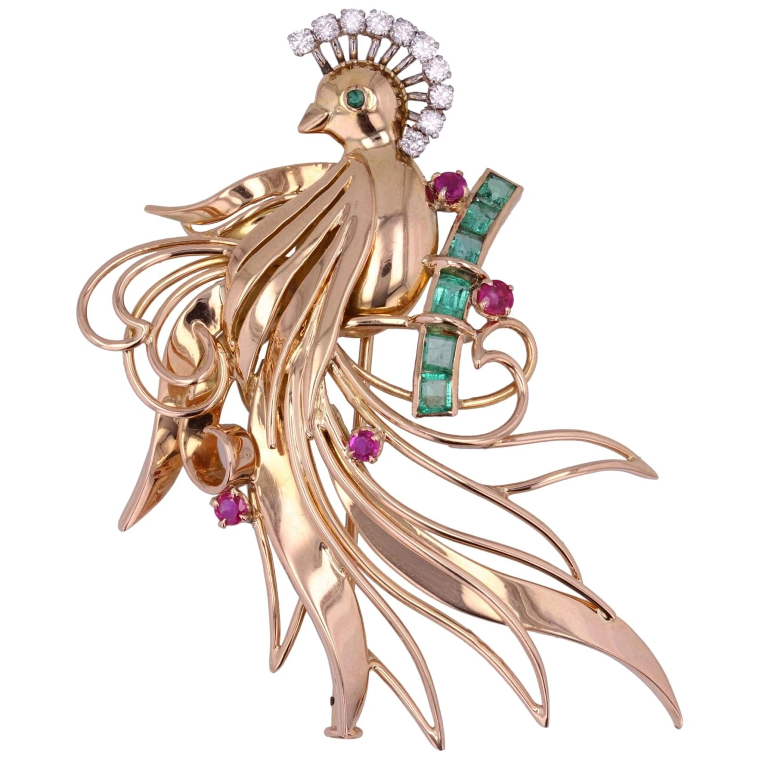 Sarl Baume 1950s Emerald Ruby Diamonds 18 Karat Yellow Gold Bird Of Paradise 3 Sarl Baume 1950s Emerald Ruby Diamonds 18 Karat Yellow Gold Bird Of Paradise