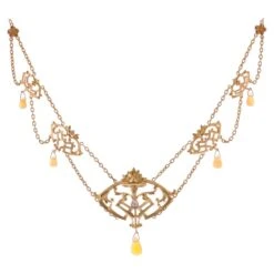 Sarl Baume French 1890s Art Nouveau Opal Diamond 18 Karat Yellow Gold Necklace