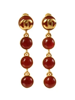 QOO Vintage CHANEL 1995 Made Gripoix Round Cc Mark Swing Earrings Gold/Red