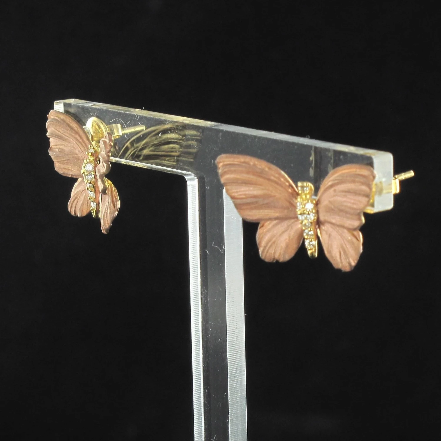 Sarl Baume Rose Enamel Diamond Gold Butterfly Earrings 4 Sarl Baume Rose Enamel Diamond Gold Butterfly Earrings - Image 2