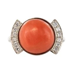 Sarl Baume Art Deco Style Cabochon Coral Diamond 18 Karat White Gold Ring