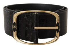 Style Tribute Dolce & Gabbana Women's Black Crocodile Print Gold Metal DG Logo Buckle Belt