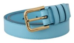 Style Tribute Dolce & Gabbana Women's Sky Blue Leather Gold Tone Metal Logo Buckle Belt -Best Jewelry Store 154086864