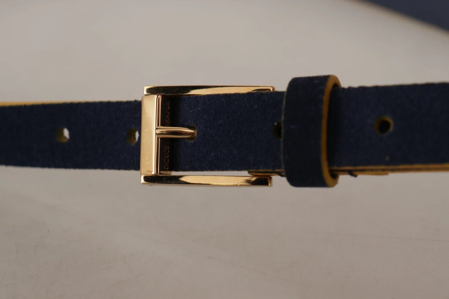 Style Tribute Dolce & Gabbana Women's Blue Suede Yellow Gold Metal Logo Buckle Belt 7 Style Tribute Dolce & Gabbana Women's Blue Suede Yellow Gold Metal Logo Buckle Belt - Image 5