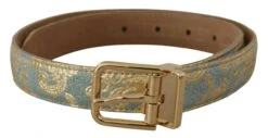 Style Tribute Dolce & Gabbana Women's Blue Leather Jacquard Embossed Gold Metal Buckle Belt