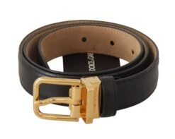 Style Tribute Dolce & Gabbana Women's Black Calf Leather Gold Metal Logo Waist Buckle Belt