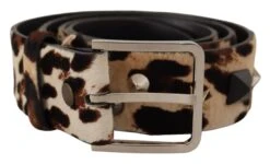 Style Tribute Dolce & Gabbana Men's Brown Leopard Print Studded Leather Metal Buckle Belt