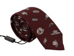 Style Tribute Dolce & Gabbana Men's Maroon Hat Pattern 100% Silk Adjustable Accessory Tie