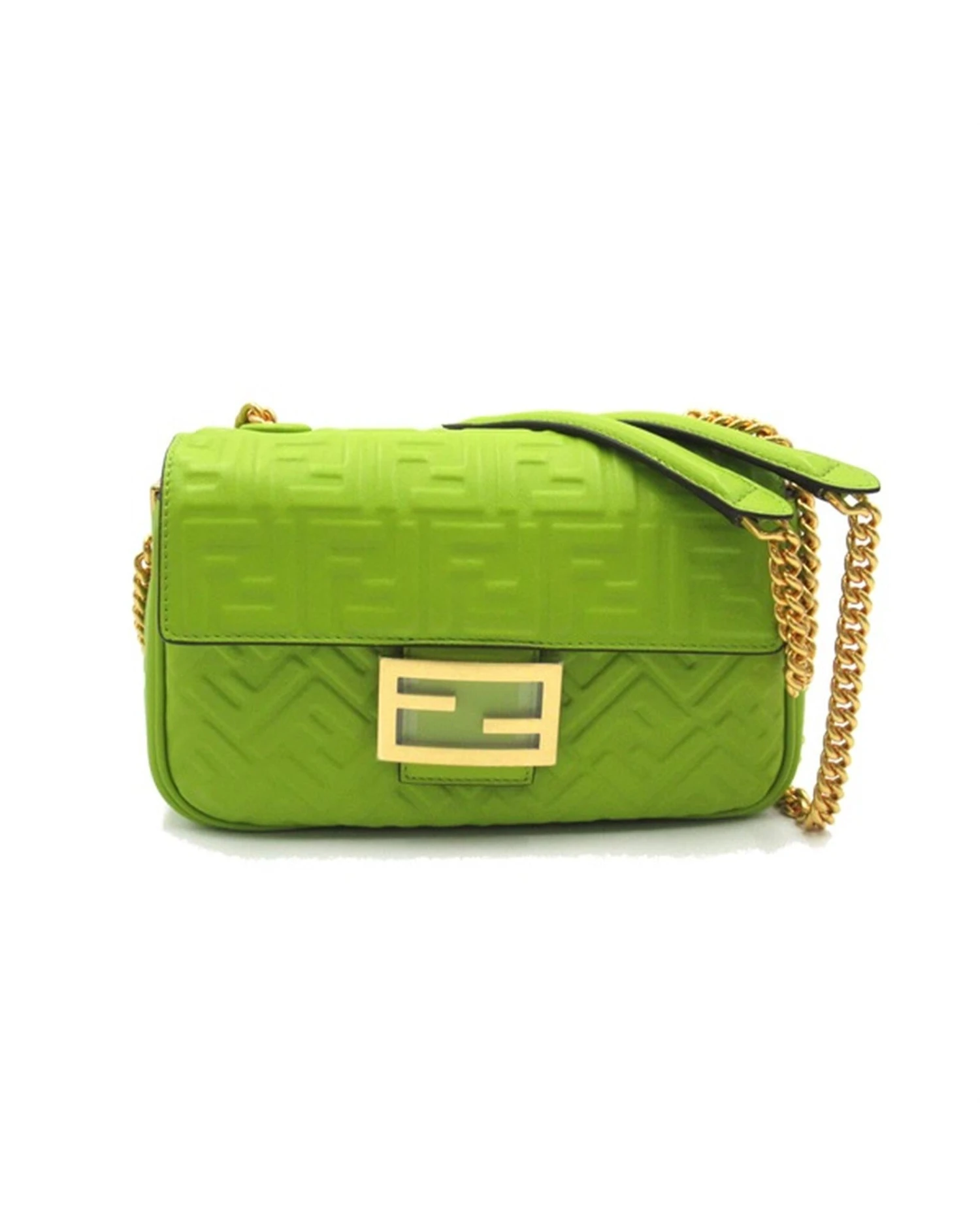Style Tribute FENDI Women's Embossed Leather Chain Baguette Midi Bag In Green 3 Style Tribute FENDI Women's Embossed Leather Chain Baguette Midi Bag In Green