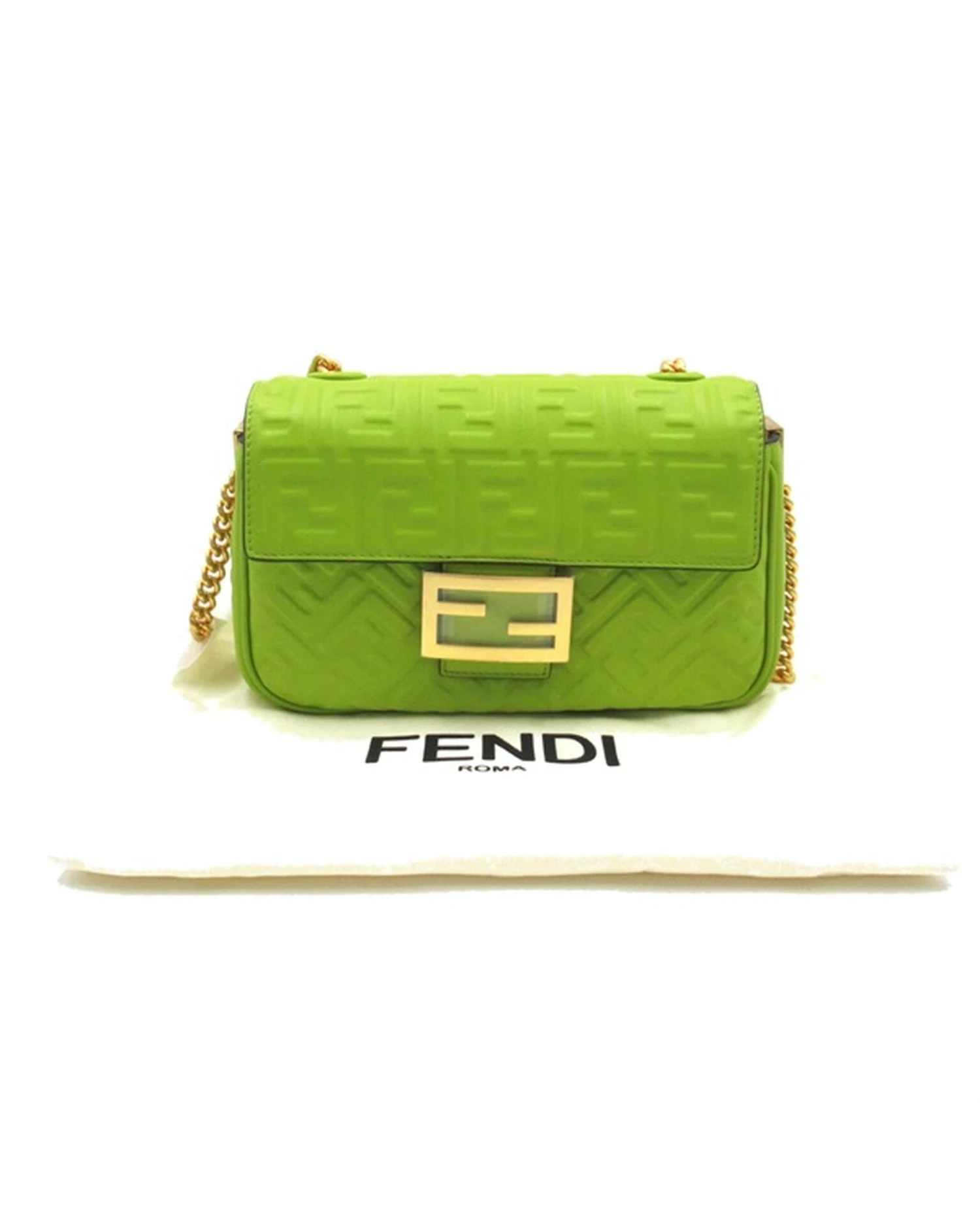 Style Tribute FENDI Women's Embossed Leather Chain Baguette Midi Bag In Green 10 Style Tribute FENDI Women's Embossed Leather Chain Baguette Midi Bag In Green - Image 8