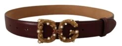Style Tribute Dolce & Gabbana Women's Bordeaux Leather Brass Logo Buckle Baroque Amore Belt
