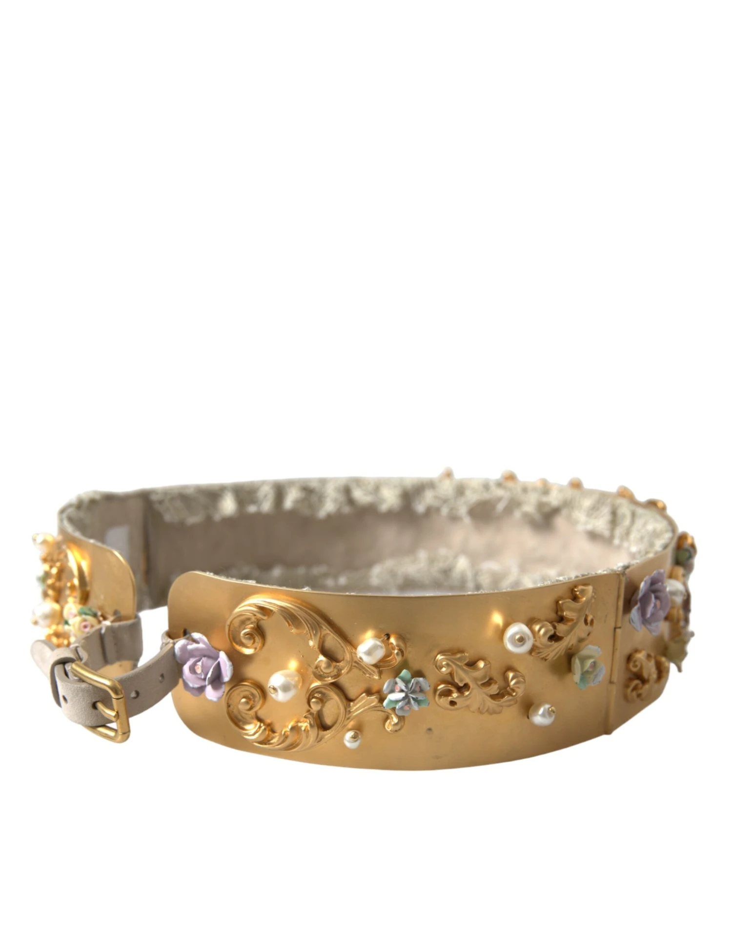 Style Tribute Dolce & Gabbana Women's Gold Brass Faux Pearl Floral Embellished Belt 5 Style Tribute Dolce & Gabbana Women's Gold Brass Faux Pearl Floral Embellished Belt - Image 3