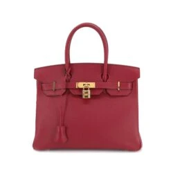 ELADY HERMES Birkin 30 Hand Bag Epson Rouge Grena X Carved Seal Gold Metal Fittings