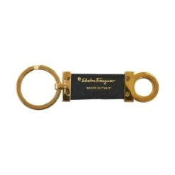 ELADY SALVATORE FERRAGAMO Gancini Keychain Key Ring JI-22 Gold Black Plated Leather Ladies
