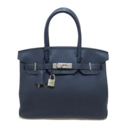 ELADY HERMES Birkin 30 Handbag Navy Orange Poppy Blue Nuit Togo Leather Leather