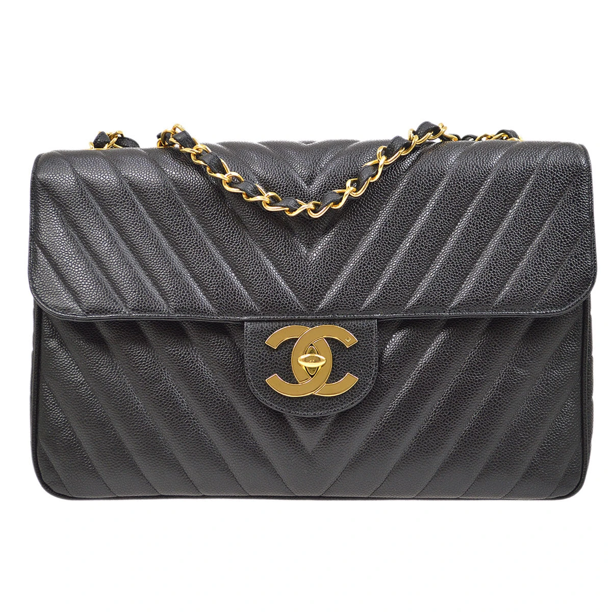 AMORE Vintage CHANEL 1991-1994 Black Caviar Chevron Classic Flap Bag Maxi AK37964d 3 AMORE Vintage CHANEL 1991-1994 Black Caviar Chevron Classic Flap Bag Maxi AK37964d