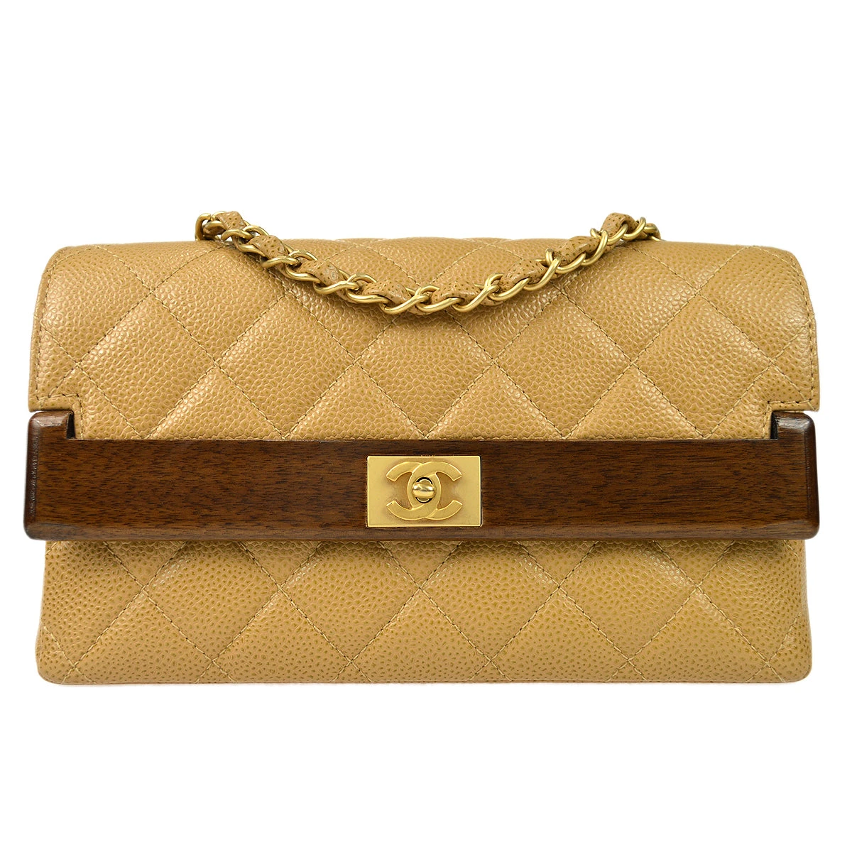 AMORE Vintage CHANEL * 2003-2004 Wood Detailed Strait Flap Small Beige Caviar 97686 3 AMORE Vintage CHANEL * 2003-2004 Wood Detailed Strait Flap Small Beige Caviar 97686