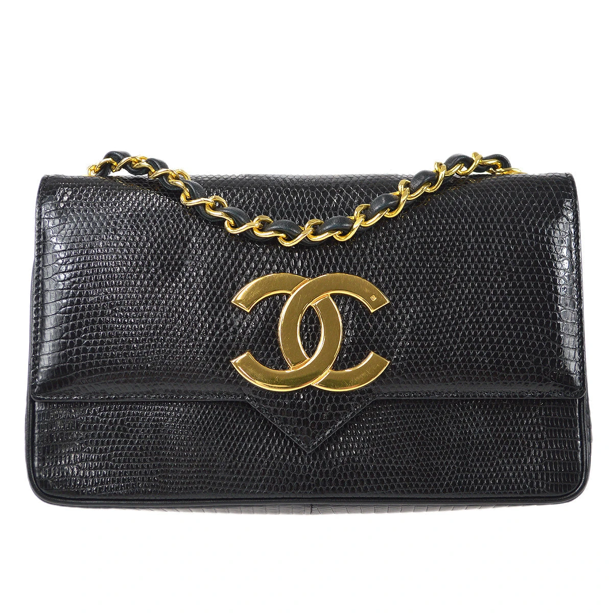 AMORE Vintage CHANEL * Straight Flap Chain Shoulder Bag Black Lizard 98558 3 AMORE Vintage CHANEL * Straight Flap Chain Shoulder Bag Black Lizard 98558