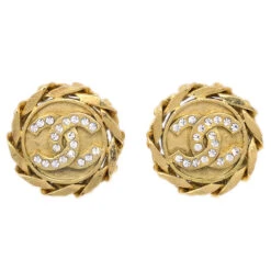 AMORE Vintage CHANEL Button Rhinestone Earrings Clip-On Gold 23 89108