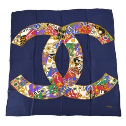 AMORE Vintage CHANEL Scarf Navy Small Good 79870