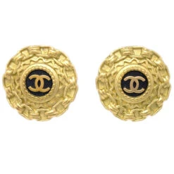 AMORE Vintage CHANEL Button Earrings Clip-On Gold Black 95P 142176