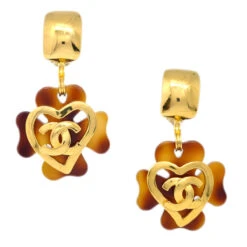 AMORE Vintage CHANEL Clover Dangle Earrings Gold Clip-On 95P 142107