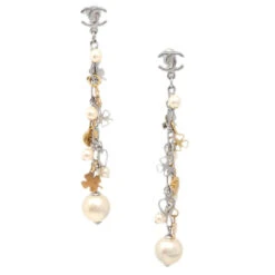 AMORE Vintage CHANEL Artificial Pearl Dangle Piercing Earrings Gold 06A 112992