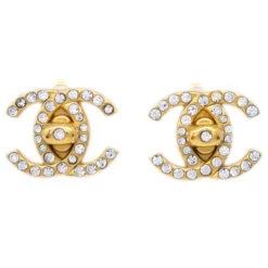 AMORE Vintage CHANEL Gold CC Turnlock Earrings Rhinestone Clip-On Small 96A 122300