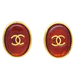 AMORE Vintage CHANEL Gripoix Oval Earrings Clip-On Red 93A KK30151
