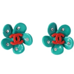 AMORE Vintage CHANEL Flower Piercing Earrings Rhinestone Green 04P 191194