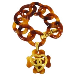 AMORE Vintage CHANEL Heart Clover Chain Bracelet Brown 95P KK32675