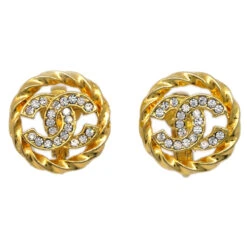 AMORE Vintage CHANEL Gold Button Earrings Clip-On Rhinestone 2137 171640