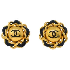 AMORE Vintage CHANEL Button Earrings Clip-On Gold Black 93P 191714