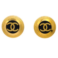 AMORE Vintage CHANEL Button Earrings Clip-On Gold Black 93A 191711