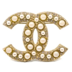 AMORE Vintage CHANEL Rhinestone Artificial Pearl Brooch Pin Gold 14C 182316