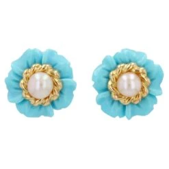 Sarl Baume 1960s Turquoise Cultured Pearl 18 Karat Yellow Gold Flower Stud Earrings