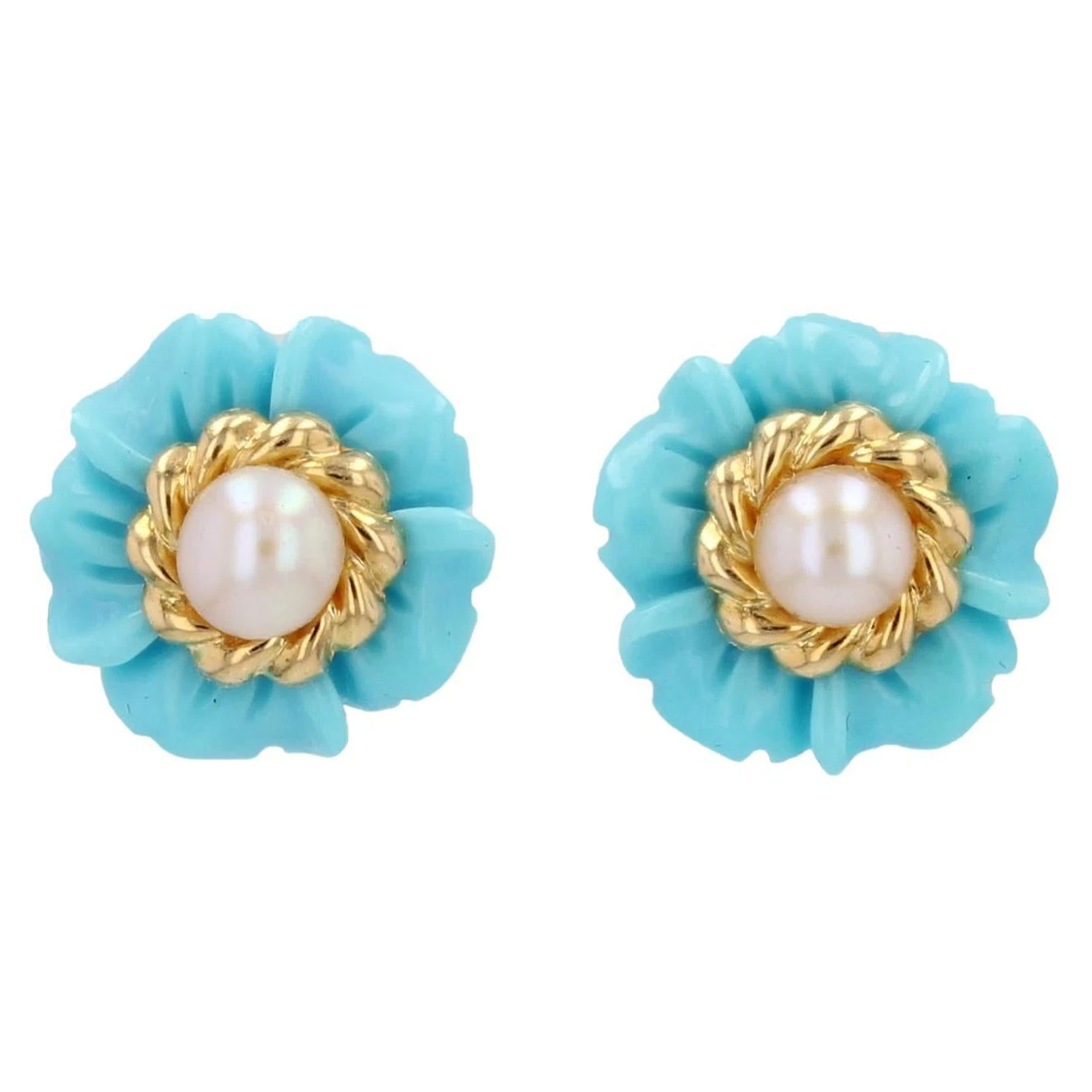 Sarl Baume 1960s Turquoise Cultured Pearl 18 Karat Yellow Gold Flower Stud Earrings 3 Sarl Baume 1960s Turquoise Cultured Pearl 18 Karat Yellow Gold Flower Stud Earrings