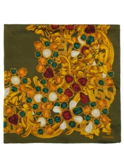 QOO Vintage CHANEL Cc Mark Gripoix Jewelry Pattern Scarf Khaki/Multi