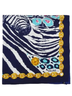 QOO Vintage CELINE Macadam Chain Zebra Pattern Scarf Navy/Multi