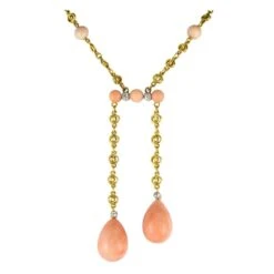 Sarl Baume French "Belle Epoque" Coral Angel Skin Diamond Yellow Gold "Neglige" Necklace