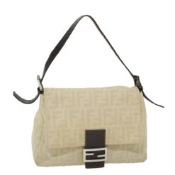 Brand Street FENDI Zucca Canvas Mamma Baguette Shoulder Bag Beige Auth 57043