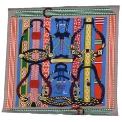 Style Tribute Hermes Carre 90 Fantaisie D�fetriers Scarf Silk Blue Multicolor Auth 60781