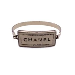 Opherty Ciocci CHANEL Vintage Silver Metal Beige Enamel Mademoiselle Bangle Bracelet