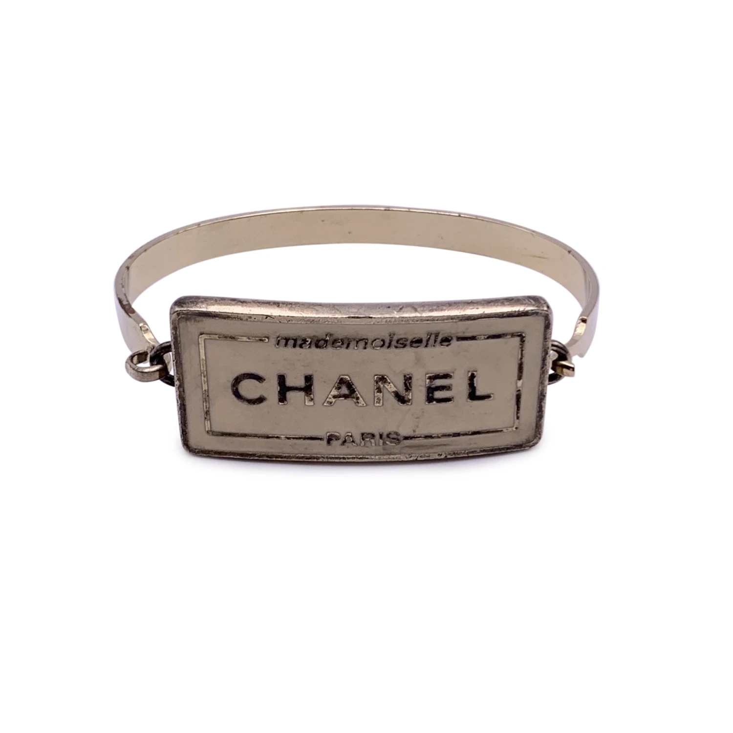 Opherty Ciocci CHANEL Vintage Silver Metal Beige Enamel Mademoiselle Bangle Bracelet 3 Opherty Ciocci CHANEL Vintage Silver Metal Beige Enamel Mademoiselle Bangle Bracelet