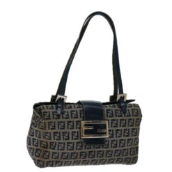 Brand Street FENDI Zucchino Canvas Mamma Baguette Hand Bag Navy Auth 67746