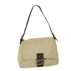 Brand Street FENDI Zucca Canvas Mamma Baguette Shoulder Bag Beige Auth 68065