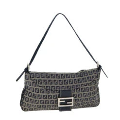 Brand Street FENDI Zucchino Canvas Mamma Baguette Shoulder Bag Navy Auth 72416