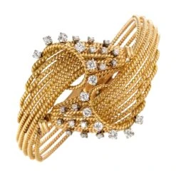 Sarl Baume French 1950s Diamonds Platinum 18 Karat Yellow Gold Thread Bracelet